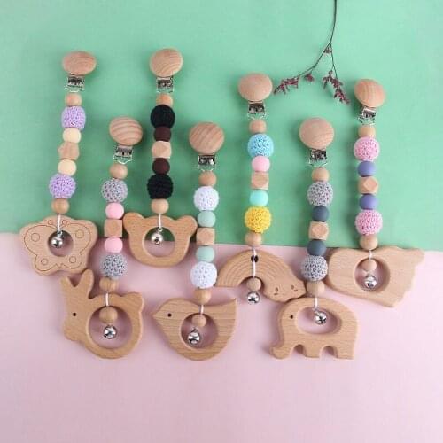 Fashion Wood Cartoon Toy Teether New Silicone Beads Nipple Chew Beads Pacifier Clips Dummy Chain Holder Cute Soother Chains