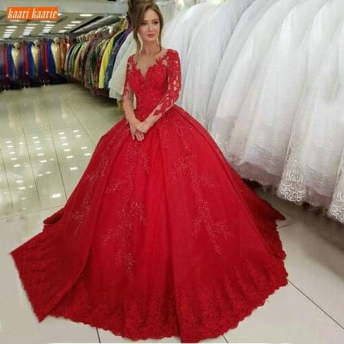 Fashion Red Ball Gown Wedding Dresses Long Sleeve V Neck Appliqued Lace Fluffy Bridal Dress Women Custom Made 2021 Wedding Gowns