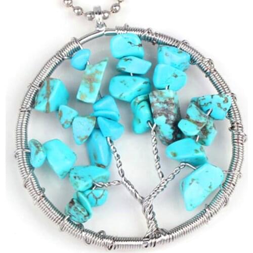 Trendy-beads Silver Plated Wire Wrap Tree of Life Green Turquoises Stone Round Pendant Plant Jewelry