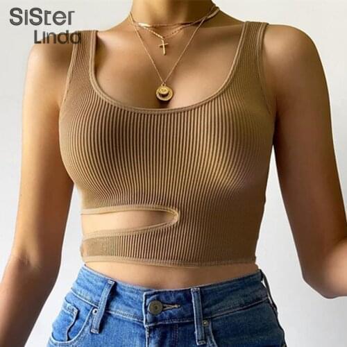Fashion Side Slit Chic Ribbed Skinny Stretch Tank Tops Women Vest Summer Sleeveless High Street Hollow Asymmetry Hot Outfits2021