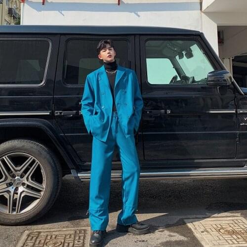 Men 2 Piece Suits Sets (jacket+pant) Male Streetwear Vintage Fashion Hip Hop Loose Casual Blazer Jacket Suit Coat Stage Costumes