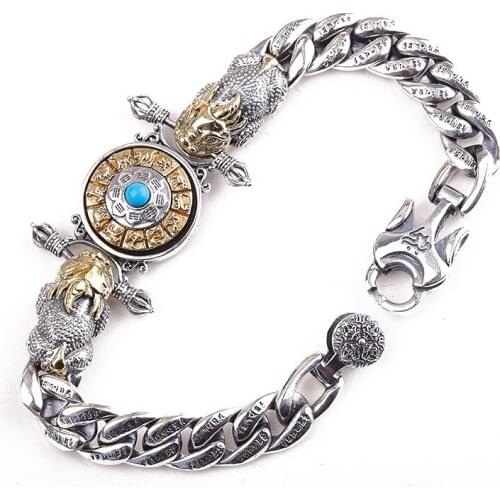 New Rotating Exquisite Thai Silver Personality Bracelet for Man real S925 Sterling Silver Divine Beast, Good Luck Male Bracelet