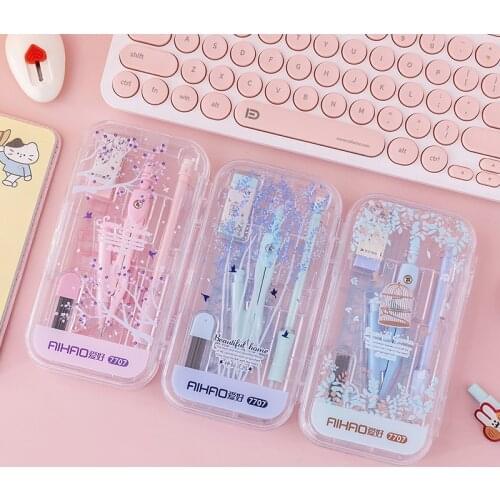 Compass Set Small Fresh Automatic Pencil Eraser Lead Student Drawing Ruler Protractor Stationery