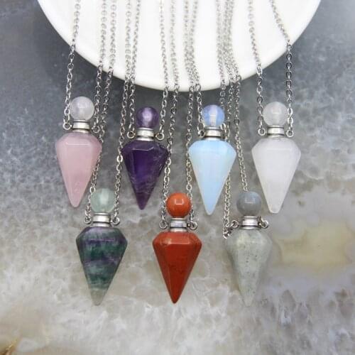 Natural Labradorite/Fluorite Faceted Point Pendulum Perfume Bottle Pendant Necklace,Amethysts Essential Oil Diffuser Vial