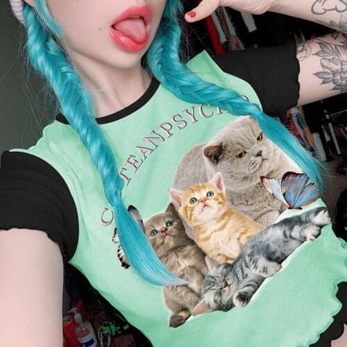 New Womens Cat Print Contrast Color Short Naked T-shirt Casual Top