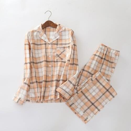M-6XL Long Sleeve Pure Cotton Yarn Dyed Flannel Pajamas Leisurewear Suit Plaid Trousers Pyjamas Women Plus Size Pajama Set 32-46
