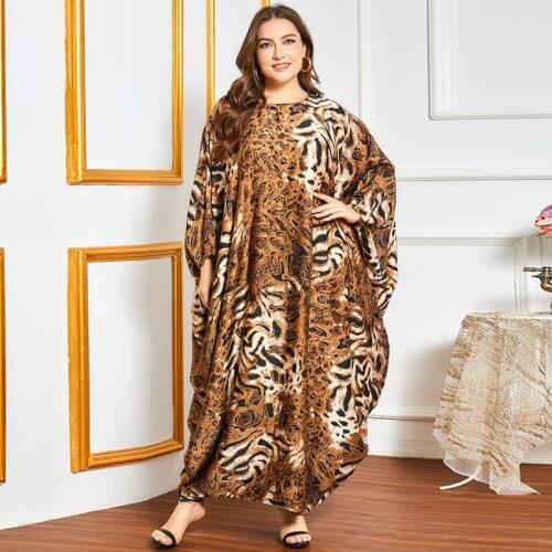 Oversized Muslim Dress Batwing Sleeve Summer Women Dresses Leopard Maxi Long Robe Femme Musulmane Loose Abaya