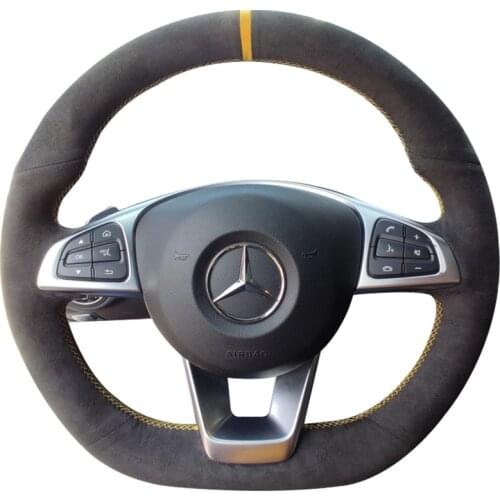 All Black Suede Leather Steering Wheel Yellow Stitch on Wrap Cover Fit For Mercedes Benz C200 C250 C300 Sport CLA220 B250 B260