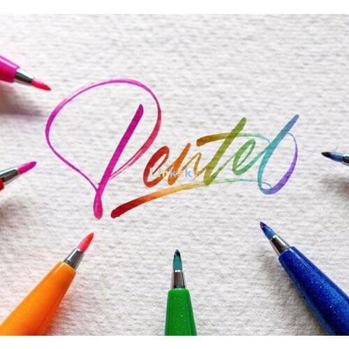 Pentel Arts Sign Pen Touch, Fude Brush Tip, 12 Assorted Colors in Marker ,Calligraphy Pens Color Drawing Lettering