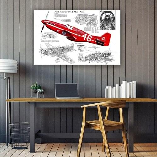 Fighter Aircraft Structural Retro Design Drawings Canvas Painting Mural Decoration Wall Art For Bar Living Room Office Unframed