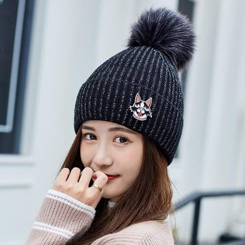 New Female Korean Version Big Plush Ball Thick Woolen Hat Winter Simple Silver Thread Cartoon Element Label Knitted Beanie Hats