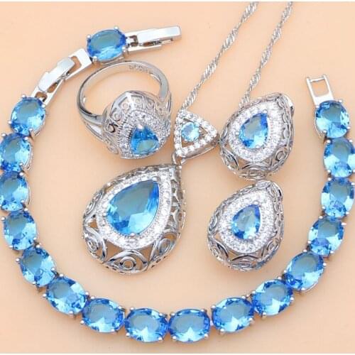 925 Silver Bridal Jewelry Sets Blue Cubic Zirconia Decorations For Women Wedding Earring/Pendant/Necklace/Ring/Bracelet
