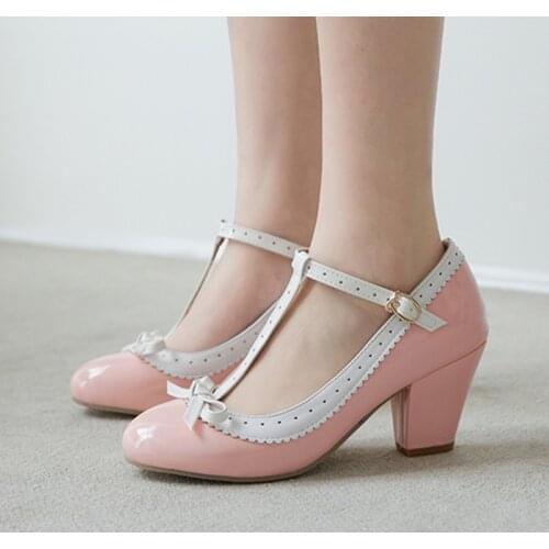 Lolita Shoes Pink T Strap High Heels Pumps Mary jane Women Shoes Plus Size Spring Round Toe Cute Bowtie Block Heel Ladies Shoes