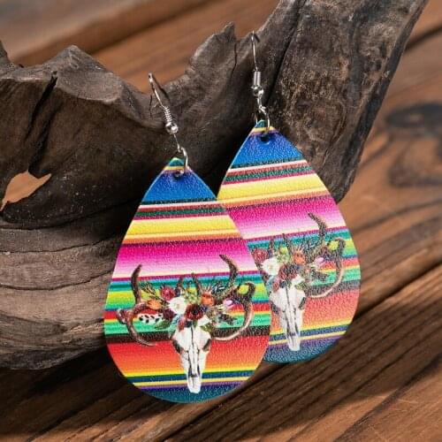 European and American Style Double-sided Red Plaid Leather Sunflower Earrings Western Leopard Print Bull Head Earrings Wholesale