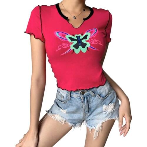 Women’s Casual Short Sleeve T-shirt Fashion Butterfly Printing V-neck Exposed Navel Tops Female