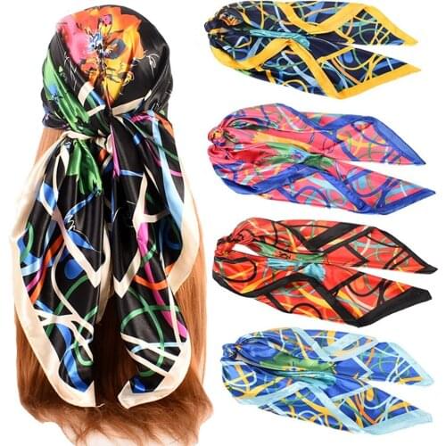 AMYO Totem Print Scarf Fashion Women Square Silk Satin Muslim Hijab Lady Summer Headscarf Accessory 90*90CM