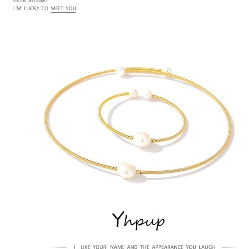 Yhpup Fashion Chic Copper Gold Necklace Bracelet Natural Pearls Jewelry Set for Female Party Jewelry Statement Accessories 2021