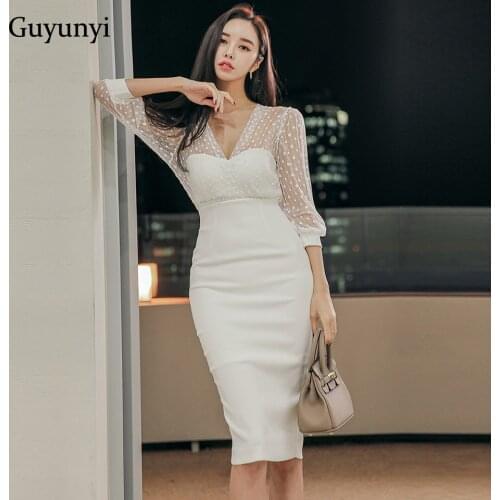 Elegant Office Lady Dress 2021 Spring White Pencil Party Dress Sexy Lace Stitching 2/3 Sleeve V-Neck High Waist Tight Dress
