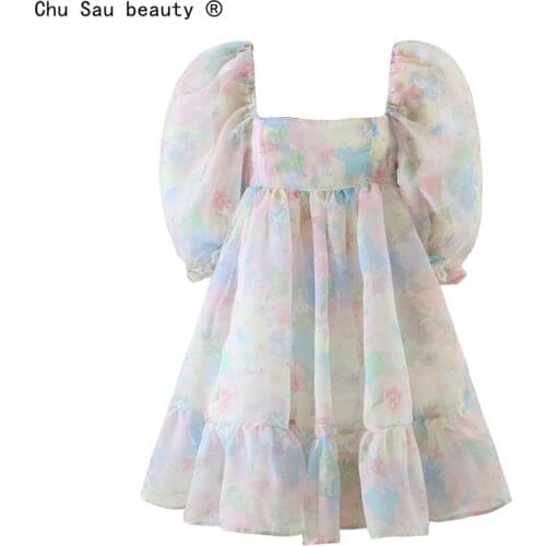 2021 Summer New Women Sweet Square Collar Organza Puff Sleeve Ruffle Puffy Fairy Dress Holiday Style Fashion Chic Loose