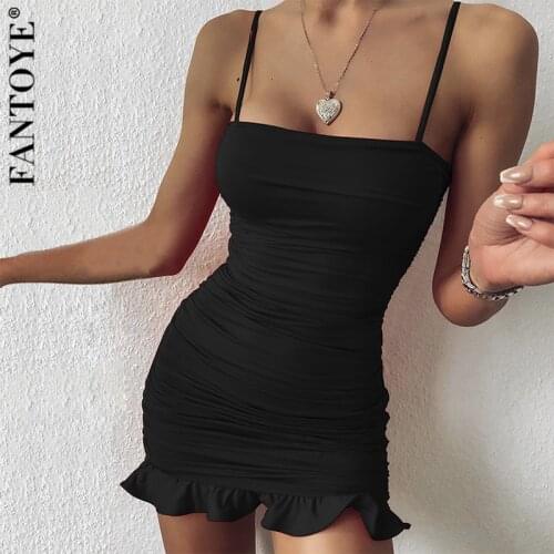 FANTOYE Sexy Ruffle Spaghetti Strap Womens Party Dress 2020 Sexy Backless Bodycon Dress Femme Casual Pleated Dresses Vestidos