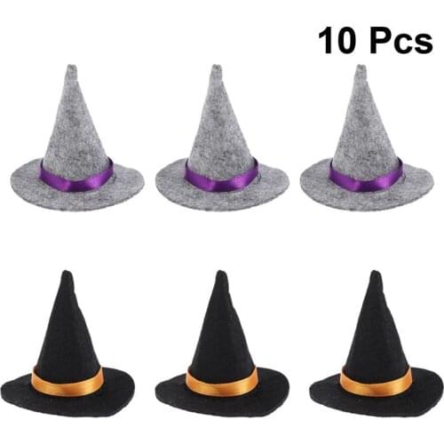 10pcs Mini Black Witch Hats Handmade Felt Wine Bottle Cap Cover Decor for Halloween DIY Hair Accessories Crafts