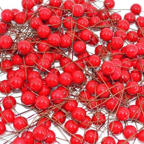 50pcs 12mm Mini Artificial Flowers Stamen Berry DIY Christmas Floral Garland Ornaments Xmas Red Berries Wedding Party Decoration