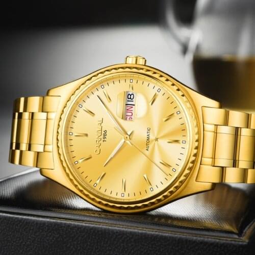 CARNIVAL New MIYOTA Movement Automatic Watch Double Calendar Sapphire Men Mechanical Wristwatches Luxury Full Gold Watch for Men