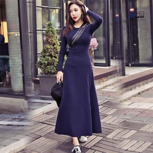 Black Long Sleeve A-line Knitting Cotton Slim Pleated Dress Women Thick Warm Fashion Solid Color Femme Maxi Vestidos Plus Size