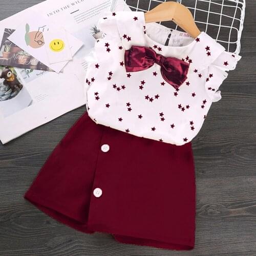 Girl Kids Summer Outfits Short Sleeve Print Crew Neck Tops With Bow Solid Color Short Red Skirt 2pcs Suit Girls Set