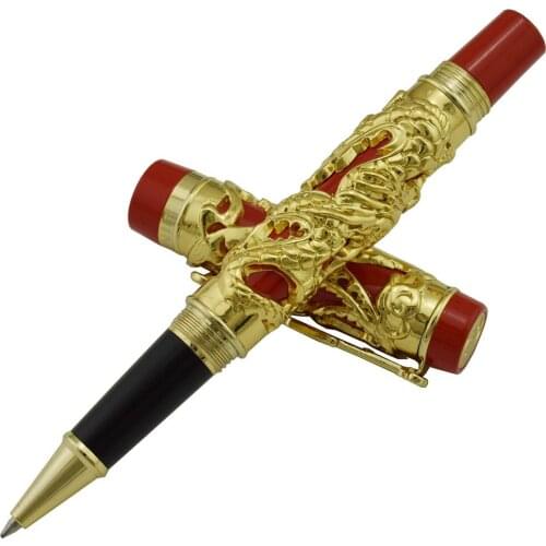 Jinhao Dragon Phoenix Vintage Luxurious Rollerball Pen, Metal Carving Embossing Heavy Pen, Noble Golden & Red for Office