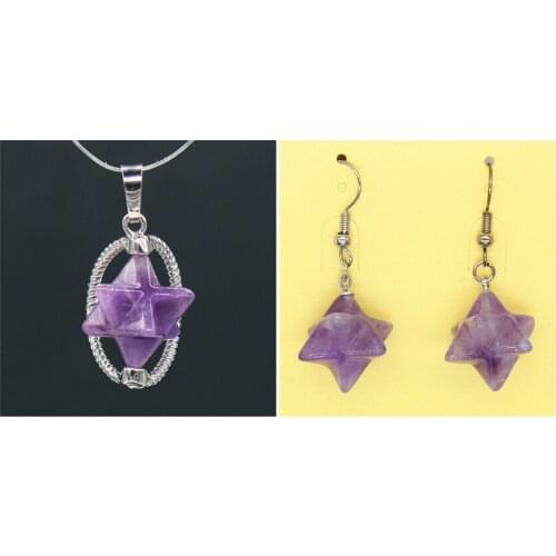 Kraft-beads Silver Plated Natural Purple Amethysts Crystal Quartz Merkaba Stone Pendant Earrings Stone Jewelry Sets