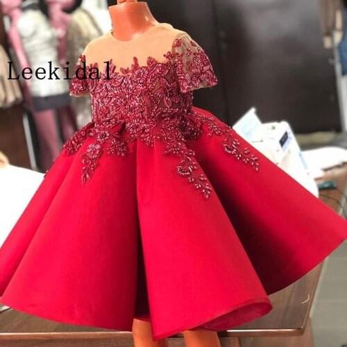 Red Beaded A Line Flower Girl Dresses For Wedding Sheer Jewel Neck Short Sleeves Toddler Pageant Gowns Satin Kids Prom Dress