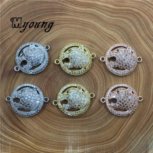 Round Micro Pave CZ Clear Zirconia Leopard Head Connector Charms,Zircon Paved Bracelet Spacer Beads,MY1800