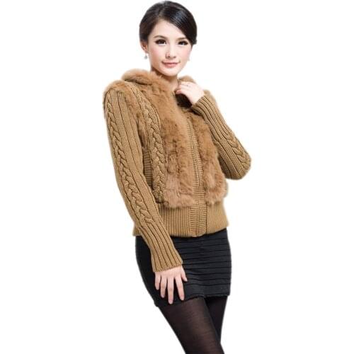 Genuine Sheared Rabbit Fur Jacket hooded knitted coats sweater OEM Free shipping