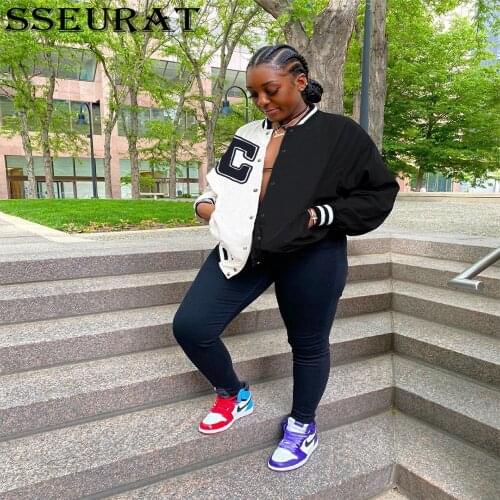 SSEURAT Long Sleeve Patchwork Jacket Casual Streetwear Autumn Winter Clothes Women Fashion Button Up Cropped Bomber Coat 2021