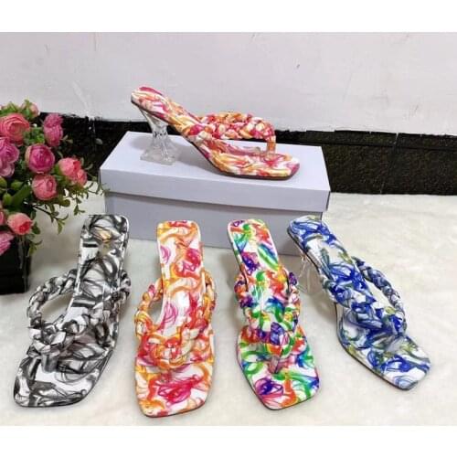 Summer High Heeled Womens Shoes Fashion Open Toe Print Slippers Woven Outdoor Casual Sandals Plus Size