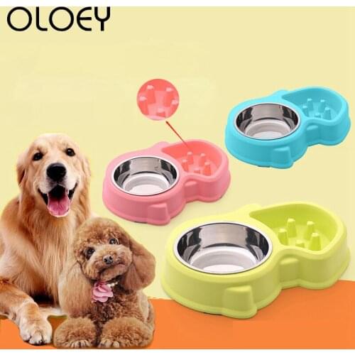 Double Slow Food Water Bowl for Dogs Stainless Steel Feeder and Drinker Bowls Combination Bowls Pets Supplies Feeding Dishes