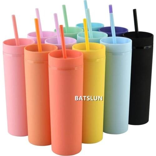 Reusable 16oz Acrylic Skinny Tumblers Matte Colors Double Wall Water Bottle Coffee Drinking Plastic Sippy Cup With Lids & Straws