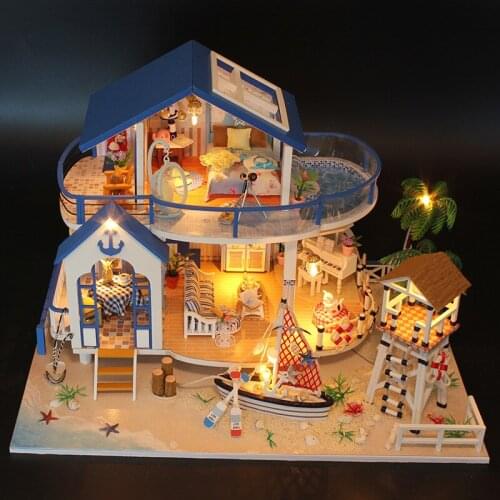 DIY Wooden Dollhouse Kit Miniature with Accessories Blue Ocean Pirate Room Villa Doll House Casa Assembeld Toys for Adults Gifts