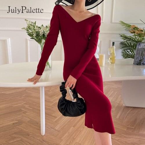 JulyPalette Sexy Chain Spaghetti Strap Knitted Dress Women V-neck Split Sweater Dress Autumn Elegant Ladies Slim Long Vestidos