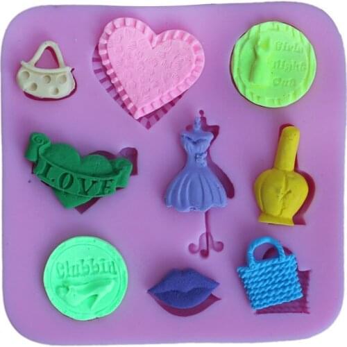 DIY Fondant Cake Molds Mini Lovely Girlss Day Series Bag Dress Lips Shape Silicone Cake Cookie Mold Bakeware Chocolate Molds