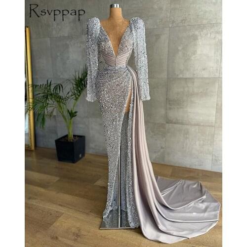 Sparkly Long Silver Evening Dresses 2021 V-neck Long Sleeve High Slit Luxury African Women Formal Evening Party Gowns