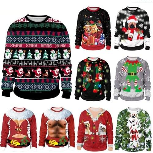 Men Women Santa Reindeer Tree Snowman Ugly Christmas Sweater Funny Xmas Jumpers Tops Pullover Holiday Party Crew Neck Sweatshirt