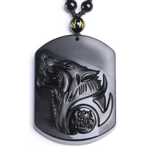 Surprise Price Black Obsidian Necklace Carving Wolf Head Obdidian Blessing Lucy Amulet Men Pendant Jewelry