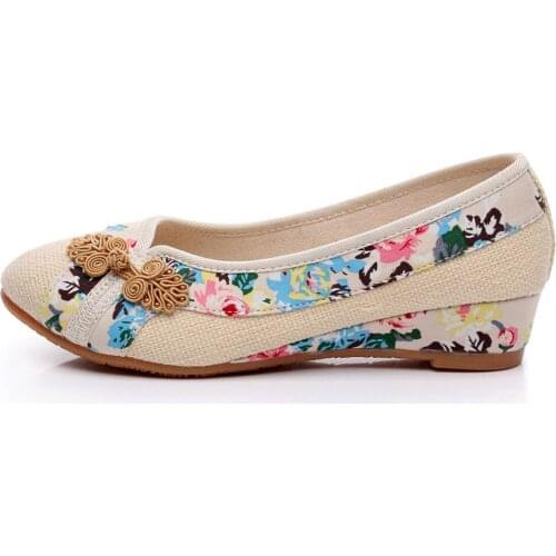 YourSeason Retro Embroidered Ladies Pumps Flower Slip-On Cotton Fabric Linen Comfort Old Peking Ballerina High Heels Flats