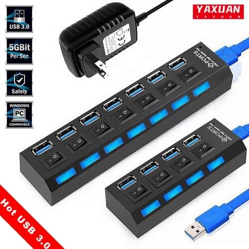 Hub USB 3.0 Portable Multiple USB Splitter Hub use Power Adapter 4/7 Port Multiple Expander 2.0 USB 3 hub for PC Mac,with Switch