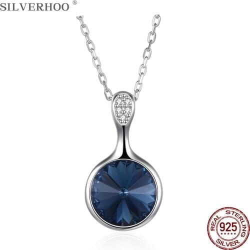 SILVERHOO 925 Sterling Silver Round Pendant Women Necklaces Blue Austria Crystal Classic Party Fine Jewelry Hot Sale 2021