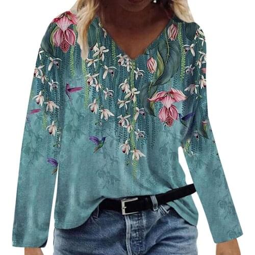 Ladies Spring Autumn Vintage Floral Printed T-shirts Elegant V-Neck Long Sleeve Tops Blouses New Women Casual Fashion Pullovers