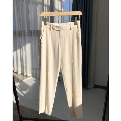 Womens High Waist Trousers Wrinkle-Resistant Soft Ankle-Length Pants with Pockets Buttons 2021 Summer Fashion Ladies Bottoms