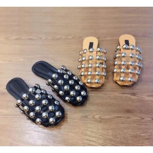 2018 Summer Hot Flat Sandals Silver Rivets Leather Straps Ladies Cut Out Sandals Slip On Women Fashion Slipper Free Shipping